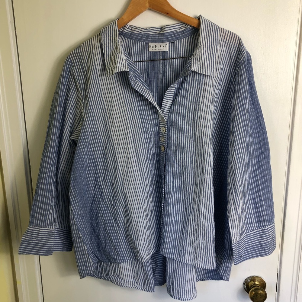 Habitat Cotton Striped Button Up Oversized Top Blue & White Size: XL